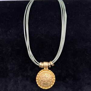 Volare Studio Gold Tone Leather Choker Necklace | Adjustable | Textured Pendant